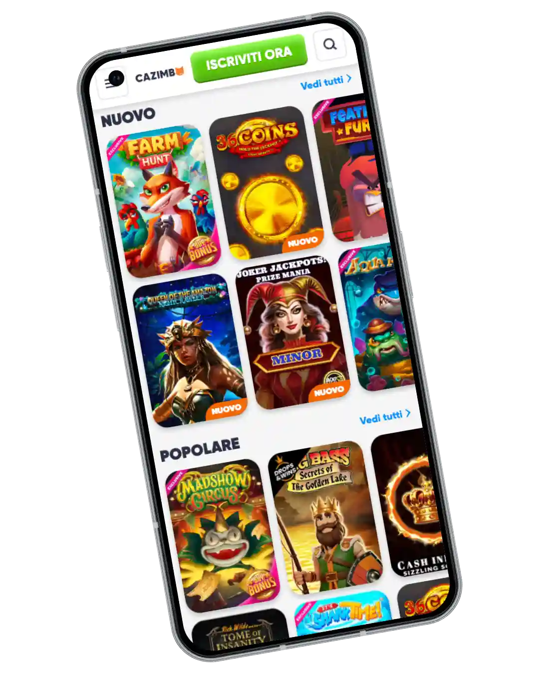 Cazimbo casino app: Interfaccia dell'app del casinò Cazimbo con giochi di slot su un telefono